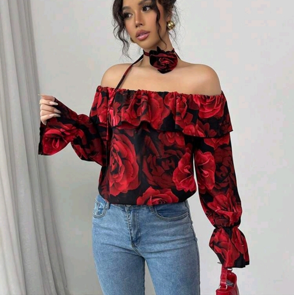 Rose Color Long Sleeve Off Shoulder Shirt With 3D Rose Design Scarf Collar - Picture 4 of 4